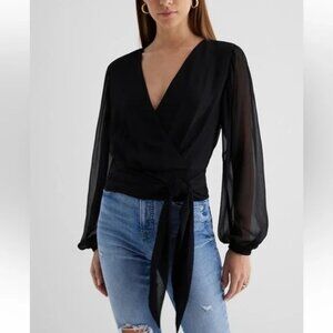 Express Faux Wrap Tie-Waist Top Black XS NWT